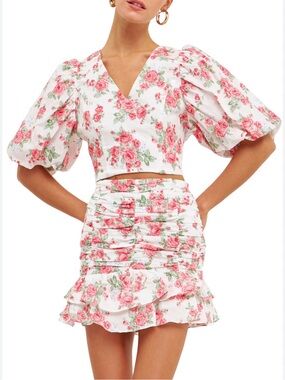 Endless Rose Set White Mini Skirt and Top with Pink Rose Print